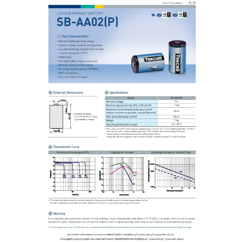 Tekcell SB-AA02 1/2 AA 3.6V Primary Lithium Battery